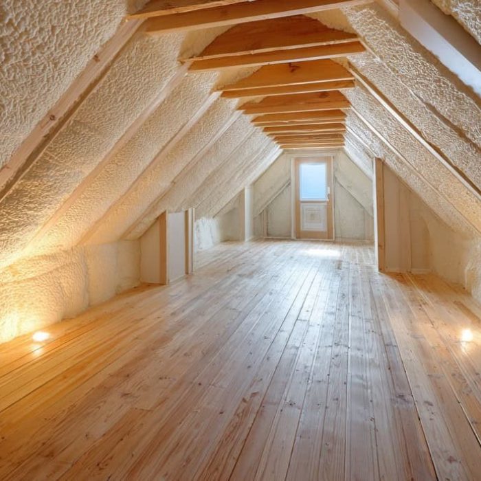 Top-floor attic conversion in a modern suburban home, vaulted ceiling coated with closed-cell spray foam insulation, warm ambient lighting, exposed wooden trusses, sleek finished flooring, glimpse of daylight through a skylight, ultra-realistic detail --ar 4:3 --v 7 Job ID: 7f06af50-cdc6-4ce7-926b-4053b47cb5d4